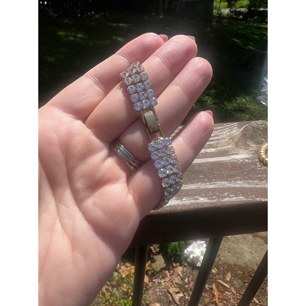Vtg Triple Row Rhinestone Tennis Bracelet Gold Tone Clear Glam Hollywood‎
